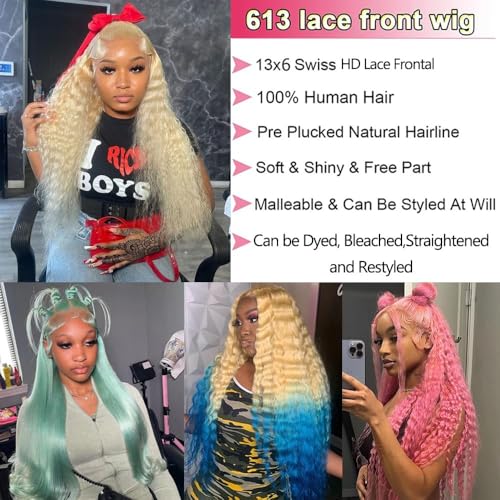 30 Inch 613 13x6 Lace Front Wigs Human Hair Deep Wave Blonde Wig Human Hair 13x6 HD Lace Frontal Wigs for Black Women 180% Density Deep Curly Glueless Wig Pre Plucked with Baby Hair