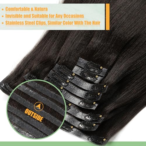 Loxxy Invisible Yaki Straight Clip Ins Seamless Natural Black PU Clip in Human Hair Extensions Thick 22 Inch Yaki Clip Ins for Black Women 110 Gram 7 Pieces #1B Color