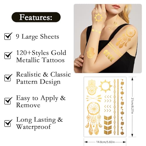 Konsait 9 Sheets Metallic Tattoos, Elaborate Floral Elephant Patterns Metallic Temporary Tattoos for Women Girls, Gold Tattoos for Parties Makeup Cosplay Festival Accessories
