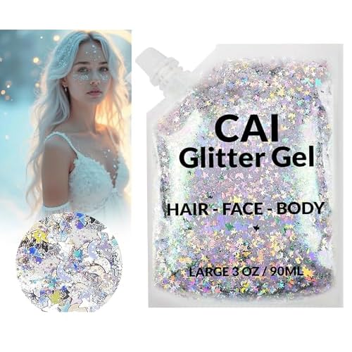 Face, Body & Hair Glitter Gel ? Halloween Glitter for Kids and Women ? 3 Oz Cosmetic-Grade Gel w/Moon & Stars for Festivals & Halloween Party, Easy Apply & Wash Off - Silver 1Pack