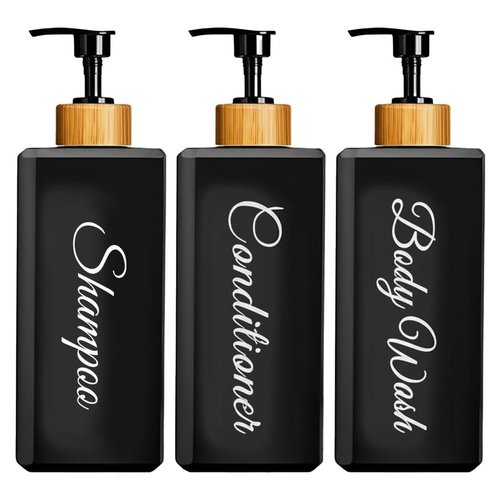 uMadeUs Refillable Shampoo and Conditioner Dispenser - Essentials Toiletries Accessories for Containers, Toiletry Lotion Liquids Bottle Soap Container Set - Black Square Bamboo Cap 1