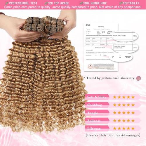 Honey Blonde Deep Wave Human Hair Bundles For Women 28 Inch 27# Color Human Hair Bundles Wet and Wavy 12A Blonde Deep Curly Hair One Bundle