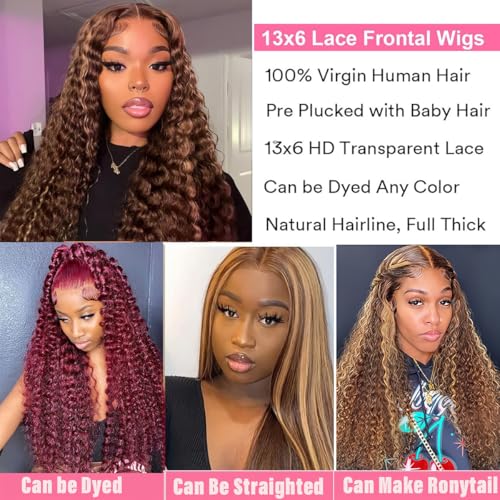 Highlight Ombre Lace Front Wig Human Hair Pre Plucked 13x6 HD Honey Blonde 4/27 Deep Wave Lace Frontal Wigs 200% Density Glueless Colored Wigs for Women Wet and Wavy Lace Front 28 Inch