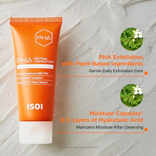 ISOI PHA Mild Deep Cleansing Foam, Gentle Daily Exfoliating Face Cleanser with Hydrating PHA Formula, Deep Cleansing for Sensitive Skin, Korean Skin Care (3.38 fl.oz, 100ml)