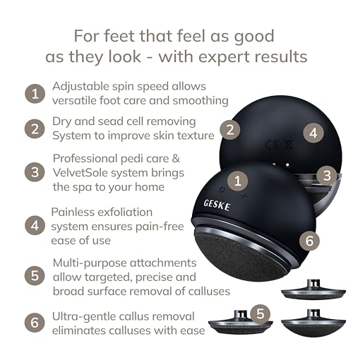 GESKE Electric Pumice Foot Smoothing Spinning Sphere | 8 in 1 | Electric Foot File & Exfoliator | 3 Pumice Stone Attachments | for Smooth Feet | Advanced Callus Removal |for Your Pedicure Set