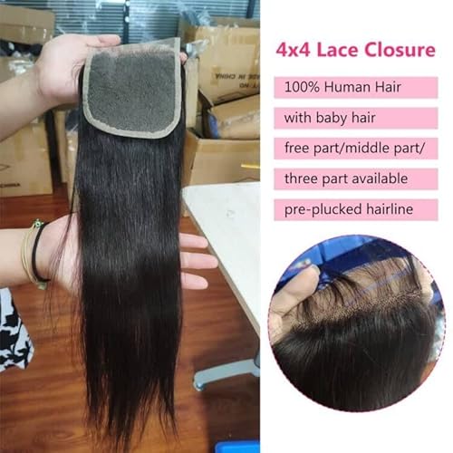 4X4 hd Lace Closure Human Hair Free Part Straight Brazilian Virgin Hair 4X4 HD Transparent Lace Closure Pre Plucked With Baby Hair Natural Color 130% Density 12 Inch Human Hair Closure for Black Women