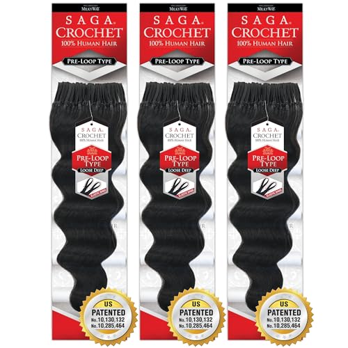 SHAKE-N-GO Saga Crochet Loop Type Loose Deep (3-PACK) (JET BLACK 1, 12")