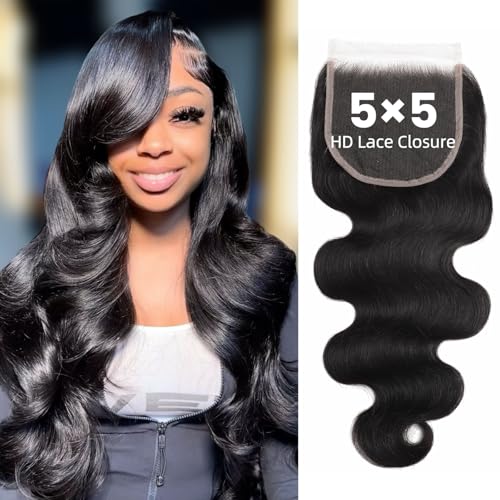 5x5 SKINLIKE 100% Real HD Lace Closure Body Wave Human Hair Closure 0.095mm Ultra-thin Invisible Swiss HD Lace Closure Pre Plucked Small Single Knots Brazilian Virgin Human Hair Closure 20inch