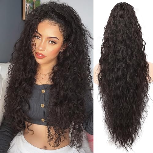 ORSUNCER Claw Long Wavy Ponytail Extension Black Brown 30" Curly Pony Tail Clip in Hair Extensions for Women fluffy Natural Looking Synthetic Hairpiece for Daily Use
