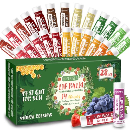 Yopela 28 Pack Natural Lip Balm Bulk with Vitamin E and Coconut Oil - Moisturizing, Soothing, and Repairing Dry and Chapped Lips Valentine's Gift - 14 Flavors - Non-GMO