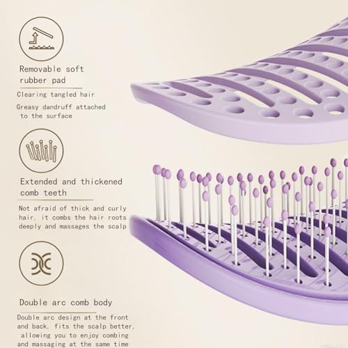 Self Cleaning Hair Brush with Lift Pad, ABS Vent Brush for Blow Drying, Dual Curve Design with Extra Long & Thick Bristles, Wet Hair Brush for Women, Girls & Kids£¨Purple£©