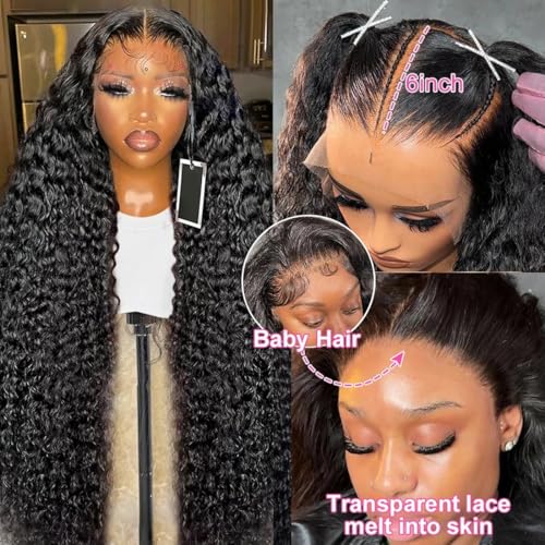 34 Inch Water Wave Lace Front Wig Human Hair 200% Density 13x6 HD Lace Front Wigs Human Hair Pre Plucked with Baby Hair Curly Lace Front Wigs for Women