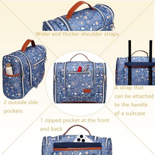 Hanging Toiletry Bag for Women, Travel Makeup with Metal Swivel Hook, Organizer for Full Sized Cosmetics and Toiletries,Water-Resistant Nylon,Paisley Floral