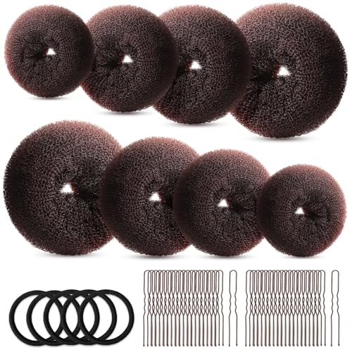 FANDAMEI Hair Bun Maker Set- 8 PCS Hair Donuts for Buns (2 Extra-large,2 Large,2 Medium and 2 Small), 40 PCS Bobby Pins, 5 PCS Hair Elastic Ties Black,Bun Maker - Brown