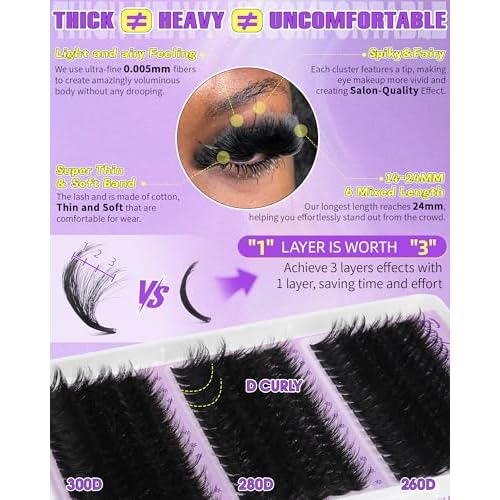 Fluffy Lash Clusters 260D+280D+300D Volume Eyelash Clusters Extensions D Curly Lashes Clusters 14-24MM Mink Cluster Lashes Spike Individual Lashes Full Lash Extension Mink Cluster Eyelash