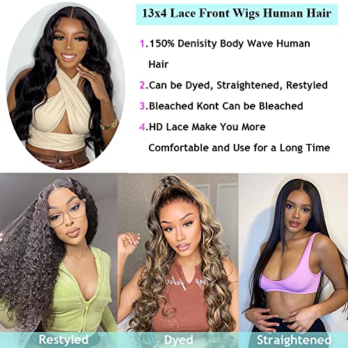 30 Inch Lace Front Wigs Human Hair Pre Plucked with Baby Hair Body Wave 13x4 Transparent Lace Front Wigs for Black Women Glueless Wigs Unprocessed Brazilian Virgin Human Hair Natural Black