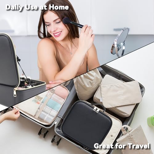 Travel Makeup Bag with LED Mirror and 10x magnifying glass with 3 Lighted Settings, Adjustable Dividers and Makeup Brush Storage Bag Black