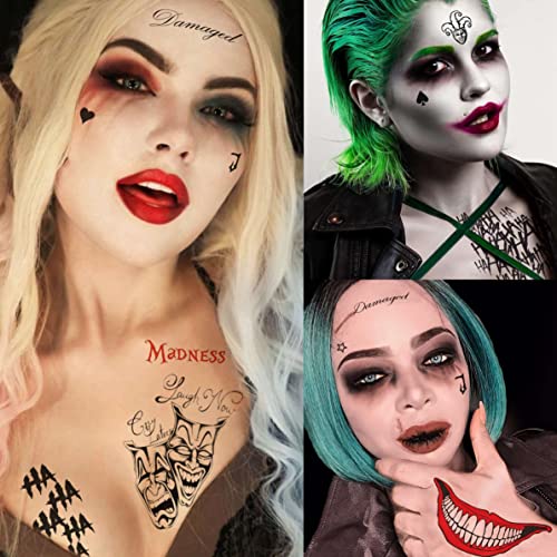 6 Sheets The Joker Temporary Tattoos For Halloween Makeup Kit, Suicide Squad Joker Tattoos Stickers For Women Men Adults, Damaged Tattoo Joker Hand Smile Face Poker Prisoner Costume Skull Set