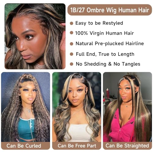 Blomas 200% Density 28 Inch Balayage 1B/27 Highlight Lace Front Wig Human Hair Body Wave Frontal Wigs for Women Human Hair 13x4 HD Glusless Lace Front Wigs Natural Hairline Pre Plucked with Baby Hair
