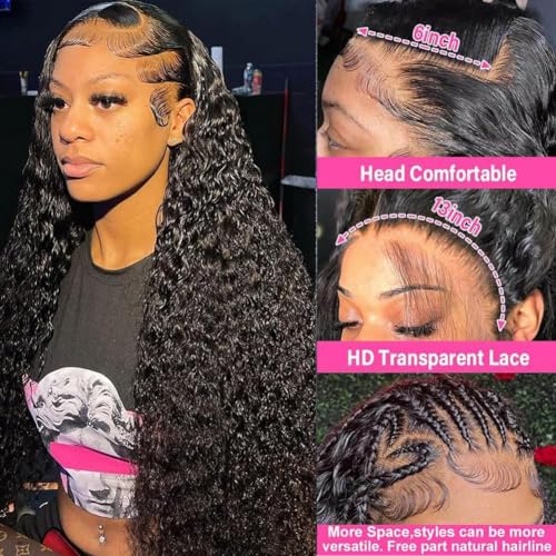 13x6 Deep Wave Lace Front Wigs Human Hair 200% Density Deep Wave Curly Frontal Wigs Human Hair for Black Women Bleached Knots Free Part Natural HairLine Can Be Dyed and Restyled 22 Inch