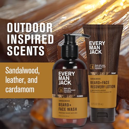 Every Man Jack Men's Beard + Face Wash & Lotion Set - Subtle Sandalwood Scent - Naturally Cleanse and Condition Your Beard & Skin