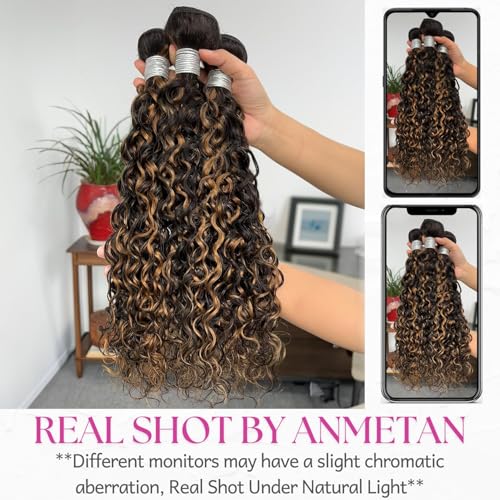 Honey Blonde Highlight F1B30 Water Wave Bundles Human Hair, 12A Soft Thick Wet and Wavy Black and Brown Ombre Color Curly Single Bundles 100% Unprocessed Brazilian Virgin Remy Human Hair 10 In