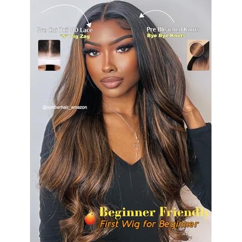 Sunber Ombre Highlight Brown Body Wave Human Hair Glueless Balayage Wigs Pre Cut 7x5 HD Lace Front with Elastic Drawstring 150% Density Put On and Go Pre Plucked Pre Bleached Invisible Knots 18Inch