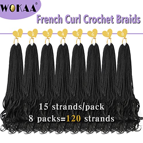 French Curl Crochet Braids 18 Inch Goddess Box Braids Crochet Hair for Women 8 Packs Pre Looped Crochet Box Braid with Curly Ends Synthetic French Curly Braiding Hair Extensions (1B#)