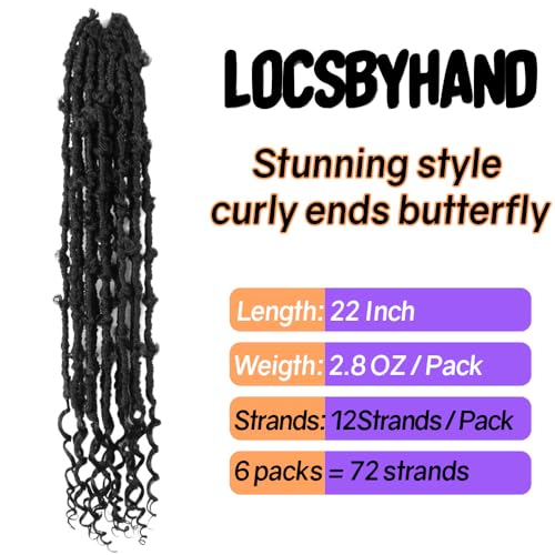 Crochet Butterfly Locs with Curly Ends 22 Inch, Boho Distressed Butterfly Locs Crochet Hair, Black Bohemian Goddess Faux Butterfly Braids with Curly Ends (6 Packs, 1B)