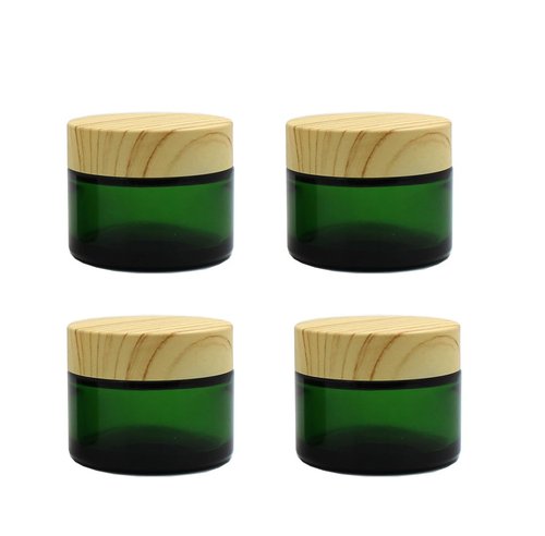 4Pack 50g Green Glass Cosmetic Cream Jars, Empty Sample Jars Containers Pot with Wood Grain Lids for Lotion, Lip Balm, Eye Cream, Scrubs, Oils, Salves, Ointments