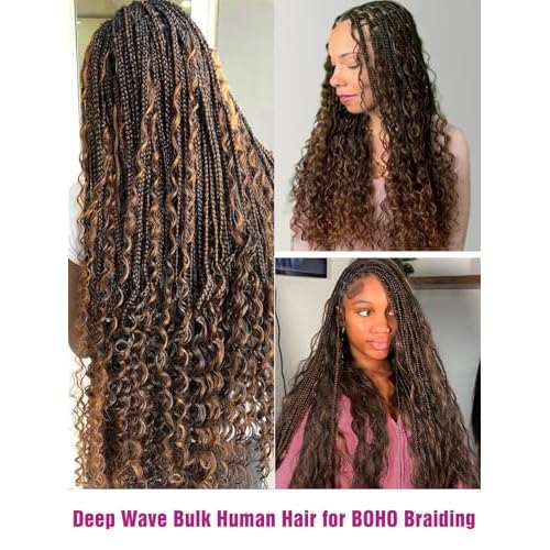 4/30 Bronze Gold Human Braiding Hair Deep Wave Bulk£¬Highlight No Weft Curly Braiding Hair Extensions for Boho Braids Wet and Wavy Braiding Human Hair Bundles(18inch,4/30,100g)
