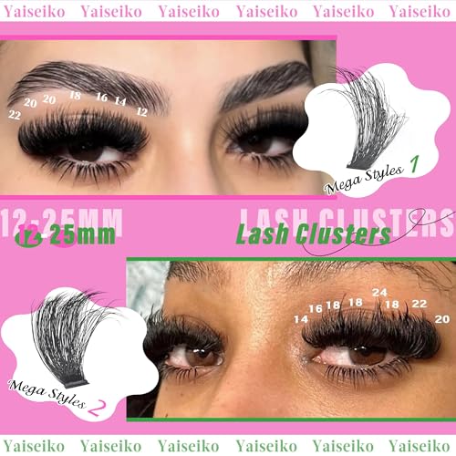 Lash Clusters 100D+200D Thick Eyelash Clusters 12-25mm Wispy Individual Mega Volume Lashes D C Cluster Eyelash Extensions 280Pcs DIY Lash Extension at Home, by Yaiseiko(Plant Fiber)