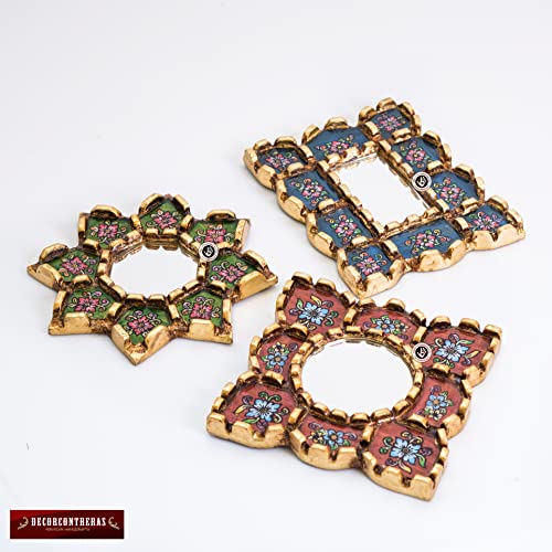 Peruvian Mirror Set of 3 ? Handmade Painted Glass Mirror Wall Decor in Green, Red and Blue