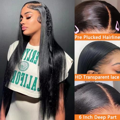 13x6 Straight Lace Front Wigs Human Hair 30 Inch 180 Density Pre Plucked with Baby Hair HD Transparent Lace Frontal Wigs Glueless for Women Nature Black Color