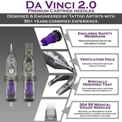 Bishop Tattoo Da Vinci V2 Cartridges - Regular - 12 Gage With 03 Pins - Round Liner Tight Long - 20 Cartridges