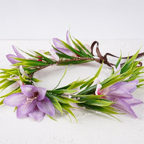 Hawaiian Leis Flower Headband - Hawaii Floral Headpiece Tropical Luau Flower Crown with Ribbon Lei Luau Dress Up Accessory Summer Beach Wedding Party Festival Photos (Purple, Pink)