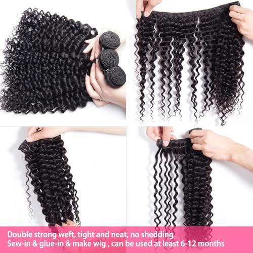 12A Deep Wave Human Hair Bundles 18 20 22 Inch Brazilian Curly 3 Bundles Human Hair 100% Unprocessed Virgin Wet and Wavy Hair Weave 1B Black