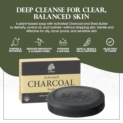 Madina Activated Charcoal Soap Bar ? Deep Cleansing, Detoxifying, Oil Control, Acne, 100% Vegetable-Based, Halal, Gentle Face & Body Cleanser, 6 Pack (3.5 oz Each)