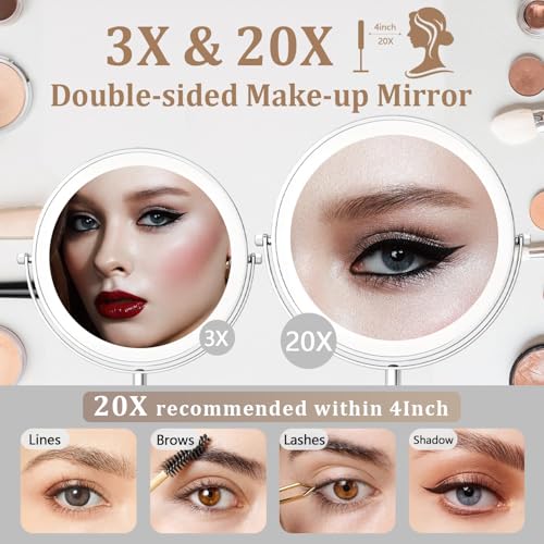 9in Makeup Mirror with Lights, 3x/20x 5000mAh Rechargeable Lighted Makeup Mirror with Magnification, 360¡Æ Rotate Magnifying Mirror,3 Color,Dimmable up,3800lux,80 LEDs,No Height Adjustment,Silvery