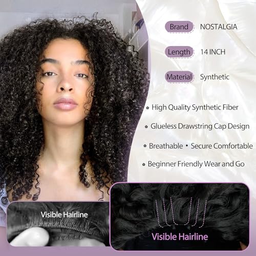 NOSTALGIA Afro Kinky Curly Half Wigs For Black Women 3 In 1 Half Wig Synthetic With Drawstring Afro Curly Glueless Flip Over Wigs Quick Install Beginner Friendly(Naturak Black 2#)