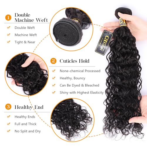 QTHAIR Water Wave Human Hair Bundles (Natural Black,20" 22" 24") Burmese Curly 16A 100% Unprocessed Brazilian Virgin Human Hair Weave Wet and Wavy Bundles