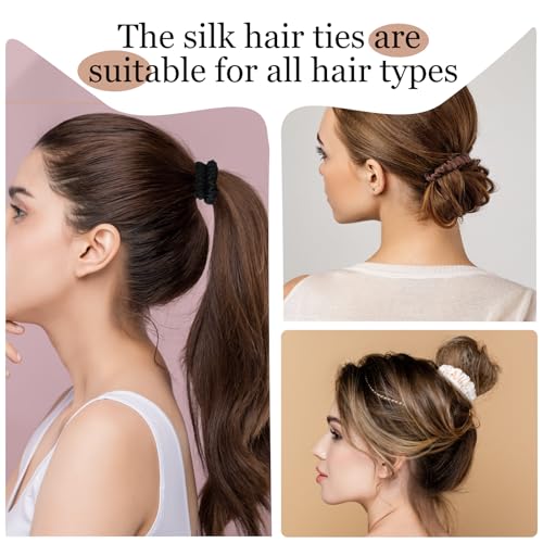 5 Pcs 19 Momme Pure Mulberry Silk Skinny Scrunchies and Ponytail Holders for Women's Hair Sleep