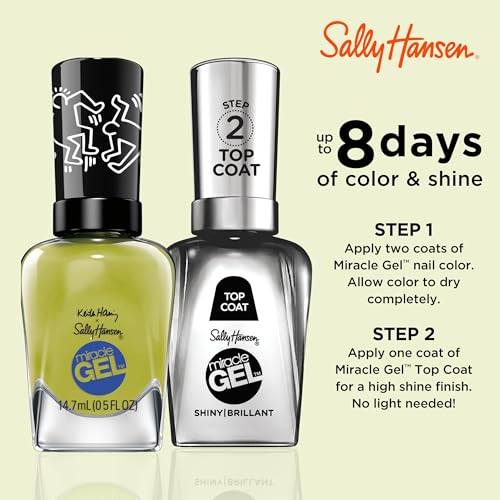 Sally Hansen Miracle Gel Keith Haring Salon Quality Nail Polish | Gel-Like Formula, Two-Step System, No UV Light Needed, Long Lasting | Opaque, Glossy | 920 Go Figures | Bright Olive Green Nail Polish