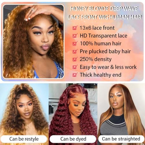 250% Density 13x6 Highlight Ombre Lace Front Wig Human Hair 13x6 HD Honey Blonde 4/27 Curly Wig Human Hair Pre Plucked For Black Woman Deep Wave Lace Front Wigs Human Hair Colored Wigs 22Inch New