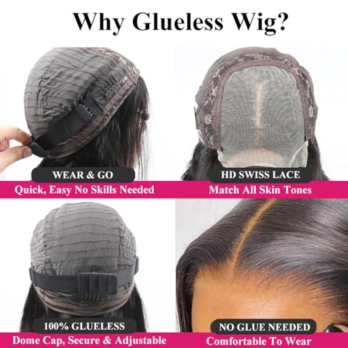 Odir Wear and Go Glueless Wigs Human Hair Pre Plucked Pre Cut 4x4 Lace Closure Wigs 22 Inch Human Hair 180% Density Brazilian Straight Hair HD Lace Front Wigs for Black Women Glueless Wigs