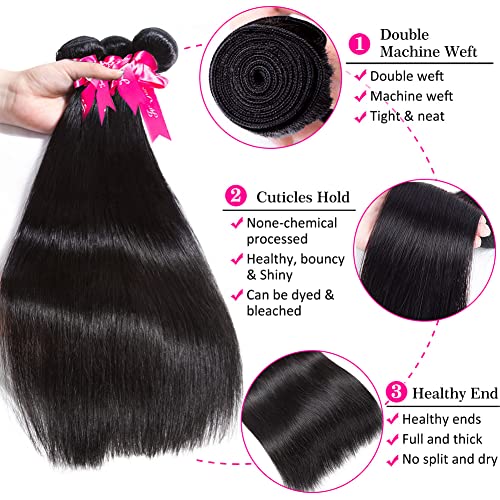 Subella Brazilian Straight Hair 3 Bundles with Closure Grade 10A Unprocessed Brazilian Virgin Human Hair Bundles with Closure Natural Black Color (22 24 26+20inch)