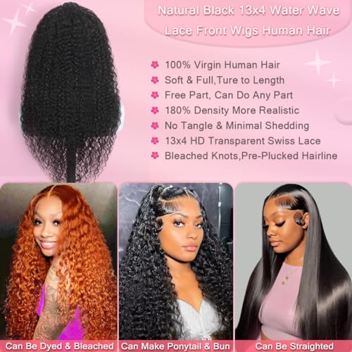 30 Inch Water Wave Lace Front Wigs Human Hair 10A Deep Curly 13x4 HD Transparent Lace Front Wigs Pre Plucked Glueless Wigs Human Hair for Women 180% Density (Natural Color)