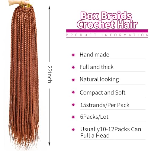 Box Braids Crochet Hair 22Inch 6Packs Crochet Hair Pre-looped Synthetic Ginger Crochet Box Braids for Black Women (350#, 22inch)