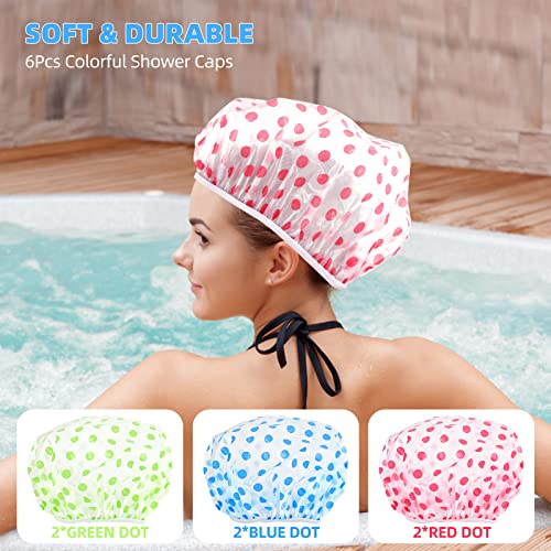 Shower Cap, Reusable Shower Hat Bath Caps, Waterproof with Elastic Band Hair Hat for Men Women Ladies Spa Salon, Coloful Dotted, 6 Packs