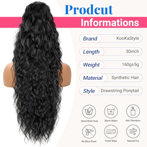 KooKaStyle Ponytail Extension 30 Inch Drawstring Pony Tails Hair Extensions for Women Long Curly Ponytail Synthetic Hairpieces for Daily Use£¨Black-1B£©